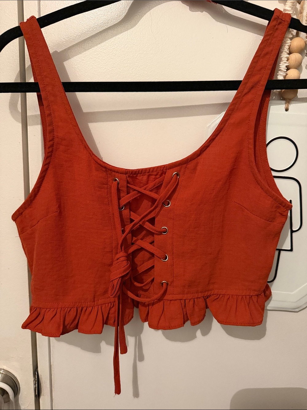 Fashion Nova Rust Orange Lace-Up Ruffle Crop Top